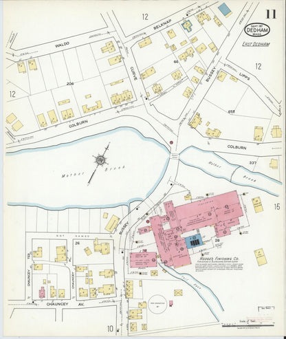 Sanborn Fire Insurance Map from Dedham, Norfolk County, Massachusetts (1917), Sheet #0011 - Historic Sanborn Fire Insurance Map Print, vintage old map wall art, antique decor, genealogy gift, Massachusetts Massachusetts map