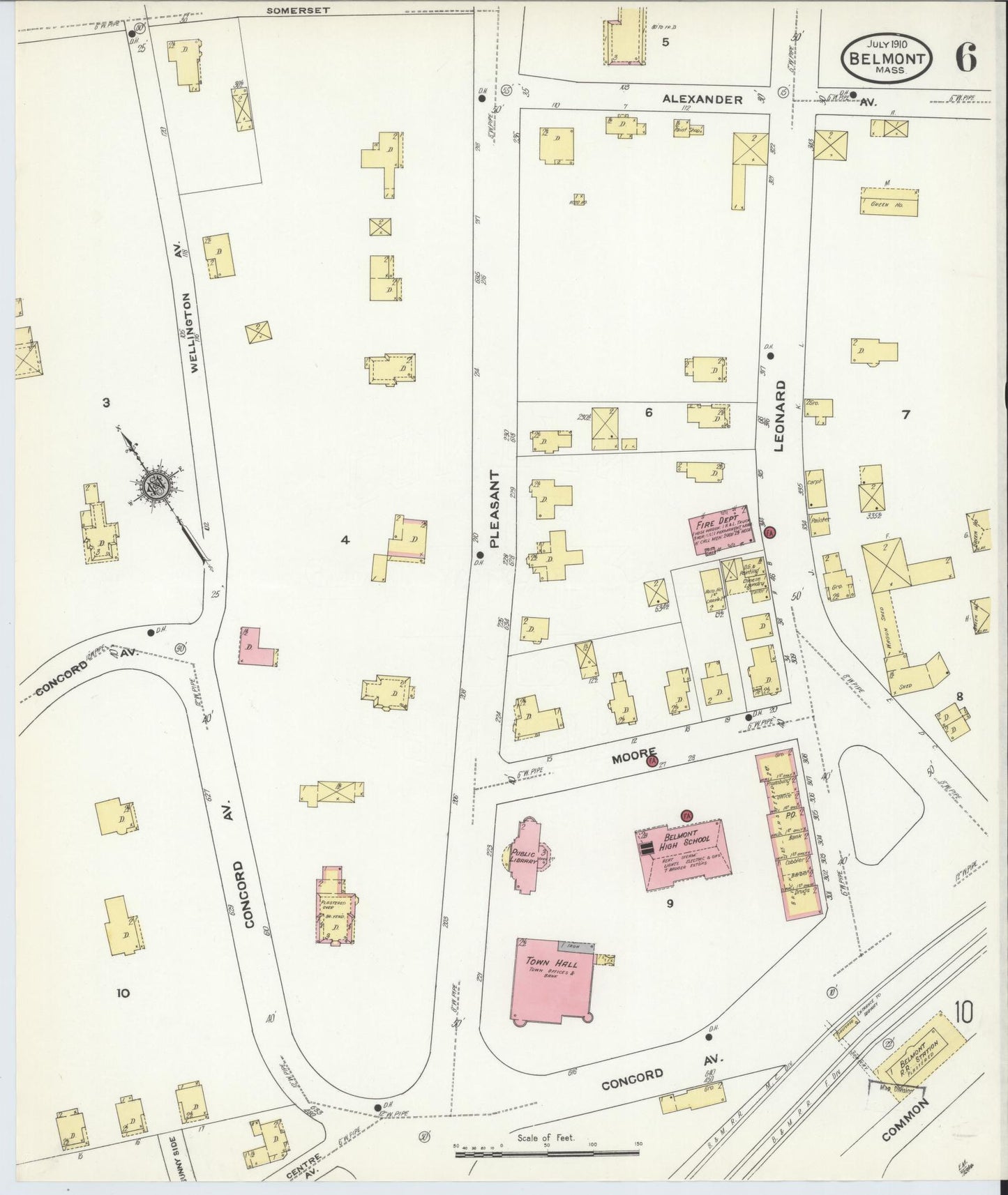 Sanborn Fire Insurance Map from Belmont, Middlesex County, Massachusetts (1910), Sheet #0006 - Historic Sanborn Fire Insurance Map Print, vintage old map wall art, antique decor, genealogy gift, Massachusetts Massachusetts map