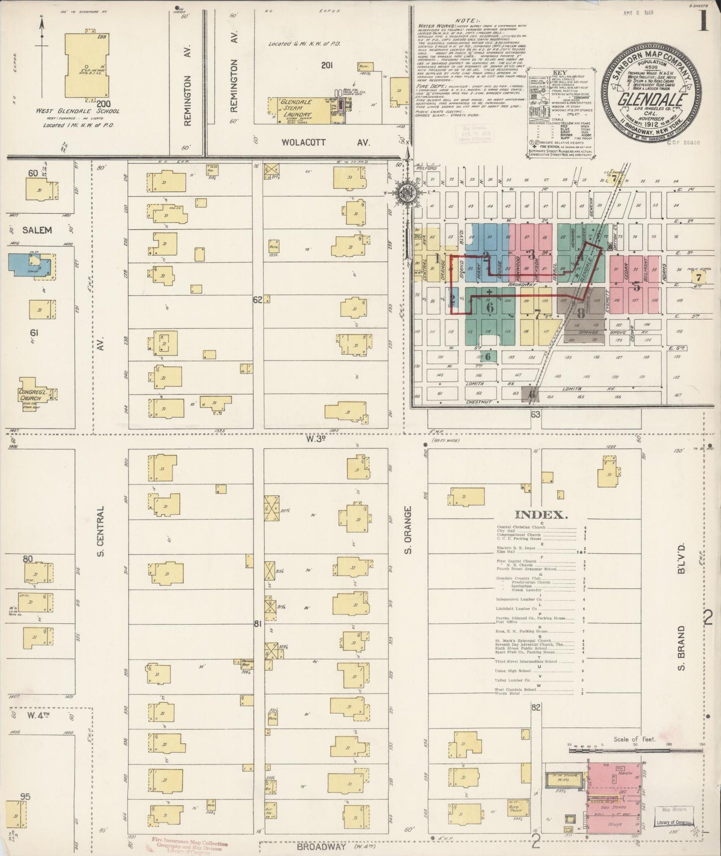 Sanborn Fire Insurance Map from Glendale, Los Angeles County, California (1912), Sheet #0001 - Historic Sanborn Fire Insurance Map Print, vintage old map wall art, antique decor, genealogy gift, California California map