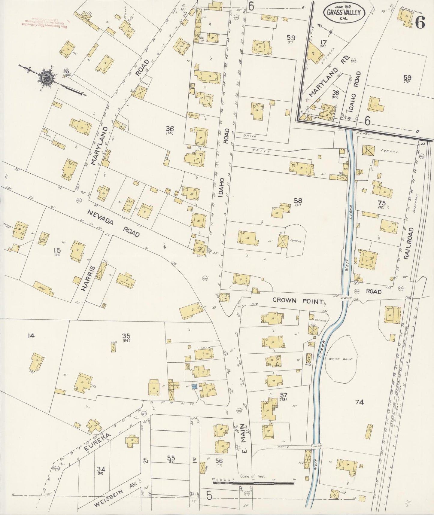 Sanborn Fire Insurance Map from Grass Valley, Nevada County, California (1912), Sheet #0006 - Complete Map Set gallery image, historic Sanborn map, vintage wall art, California California