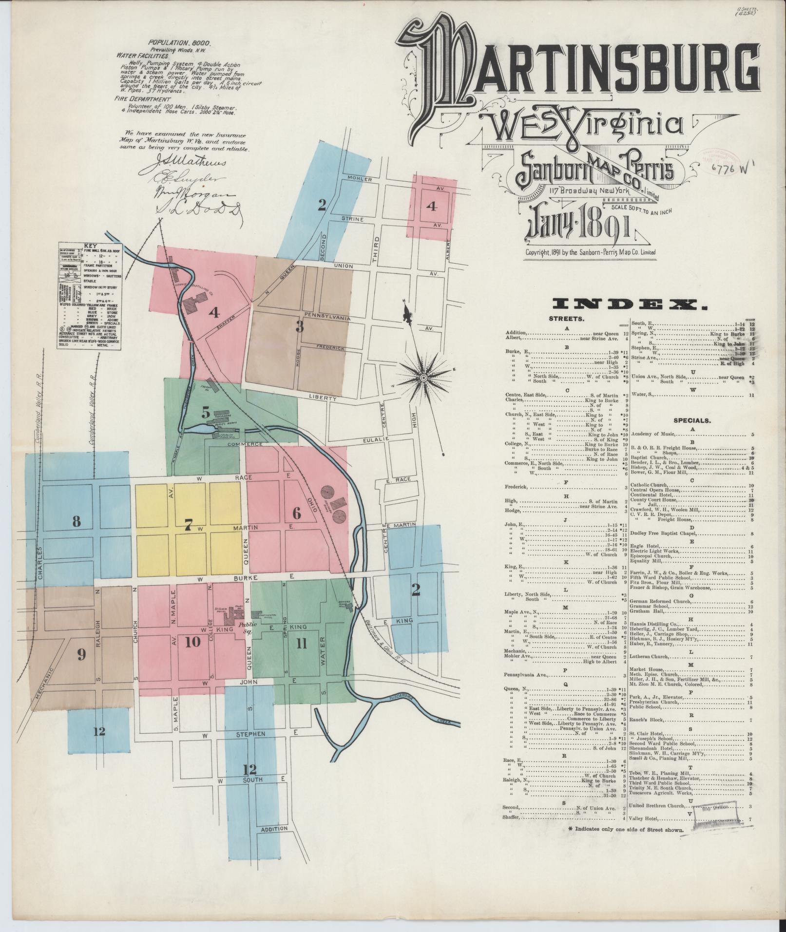 Sanborn Fire Insurance Map from Martinsburg, Berkeley County, West Virginia (1891), Sheet #0001 - Complete Map Set gallery image, historic Sanborn map, vintage wall art, West Virginia West Virginia