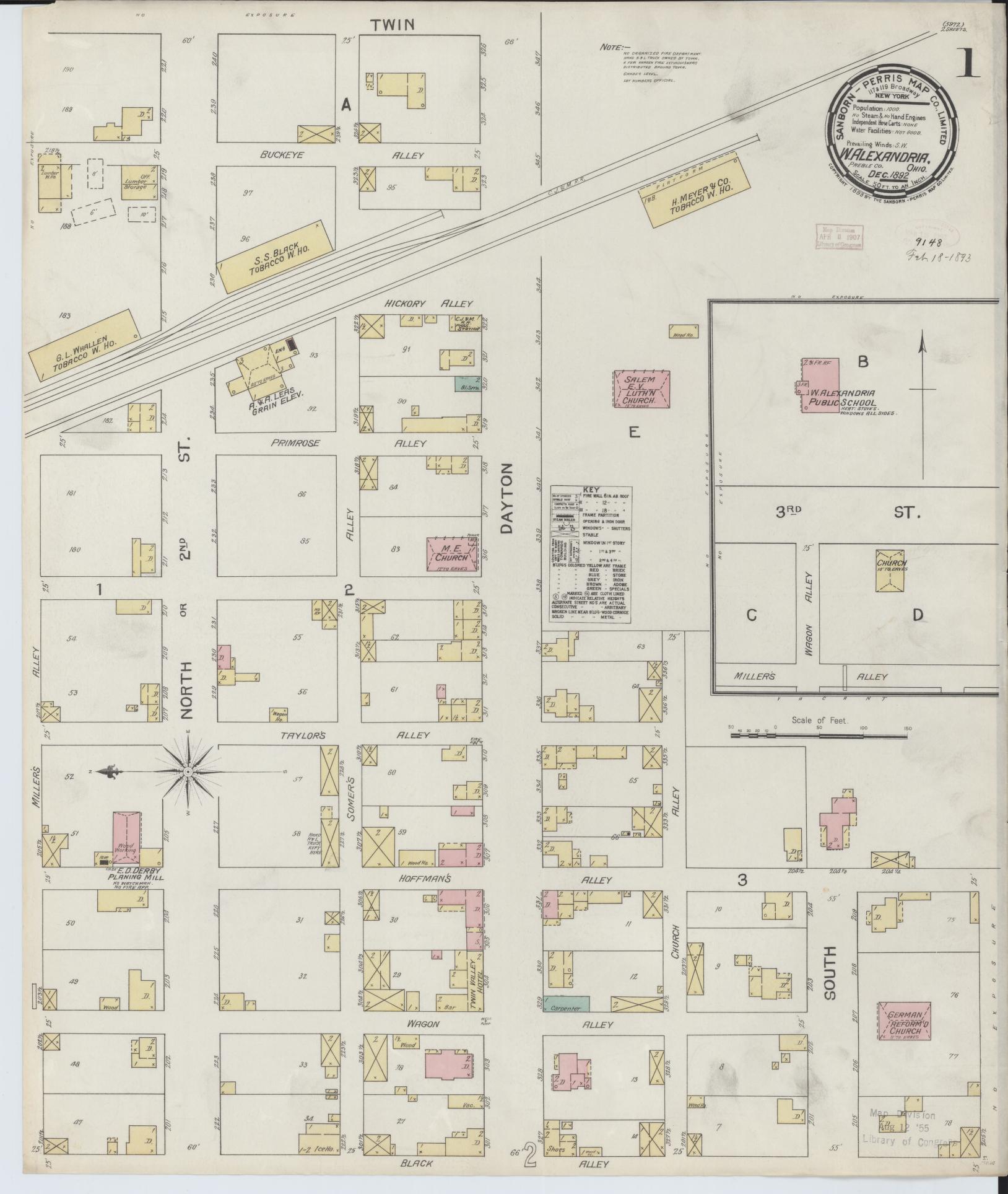 Sanborn Fire Insurance Map from West Alexandria, Preble County, Ohio (1892), Sheet #0001 - Historic Sanborn Fire Insurance Map Print, vintage old map wall art, antique decor, genealogy gift, Ohio Ohio map