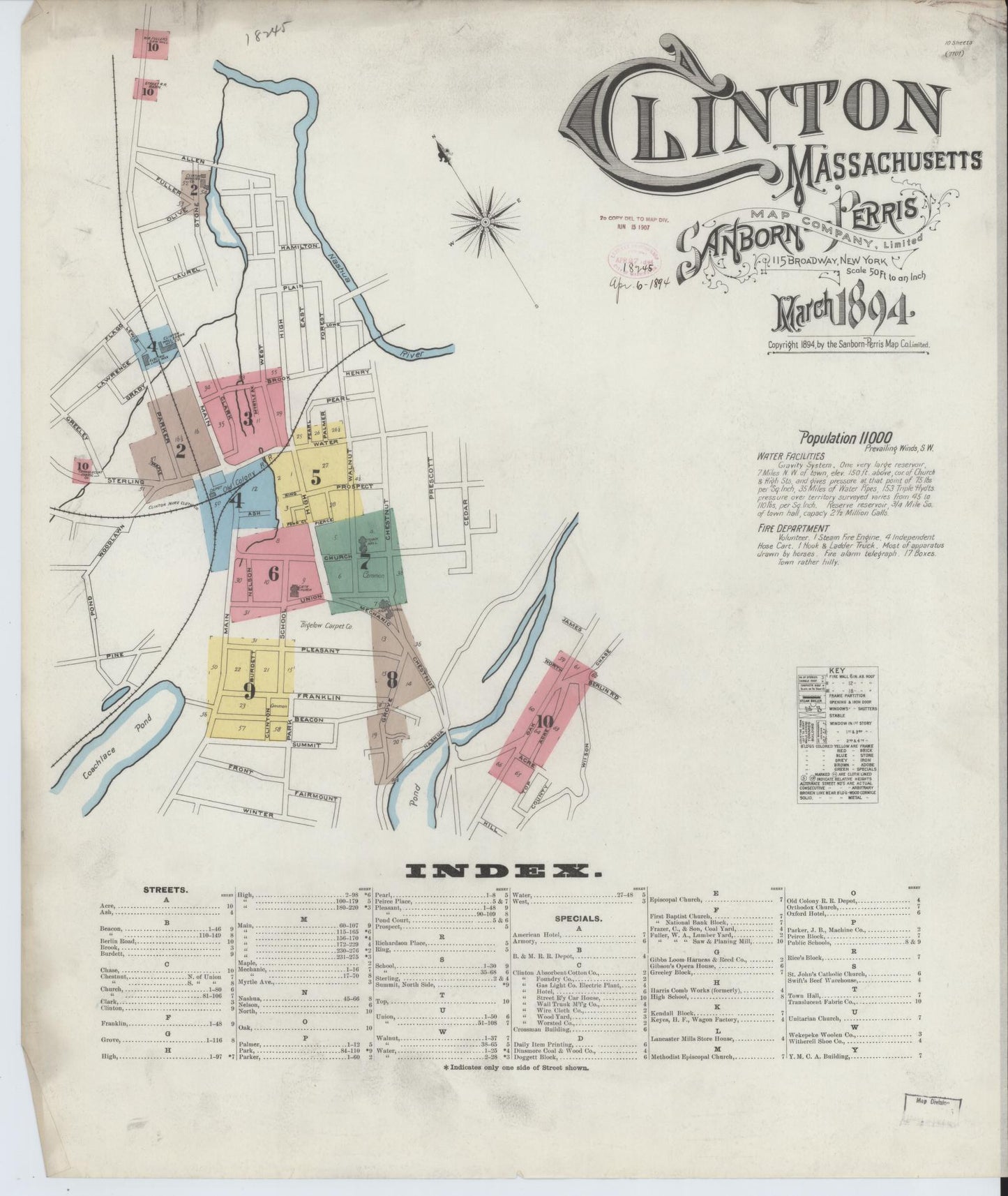 Sanborn Fire Insurance Map from Clinton, Worcester County, Massachusetts (1894), Sheet #0001 - Historic Sanborn Fire Insurance Map Print, vintage old map wall art, antique decor, genealogy gift, Massachusetts Massachusetts map