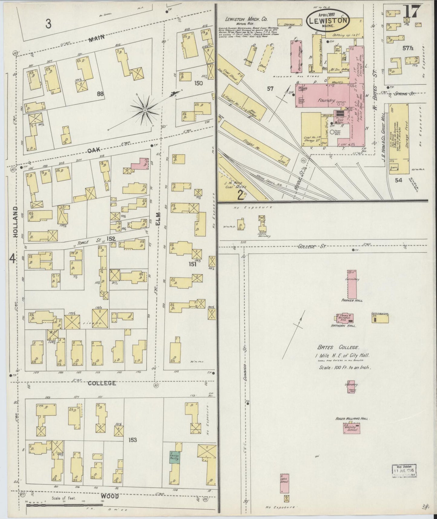 Sanborn Fire Insurance Map from Lewiston, Androscoggin County, Maine (1897), Sheet #0017 - Historic Sanborn Fire Insurance Map Print, vintage old map wall art, antique decor, genealogy gift, Maine Maine map