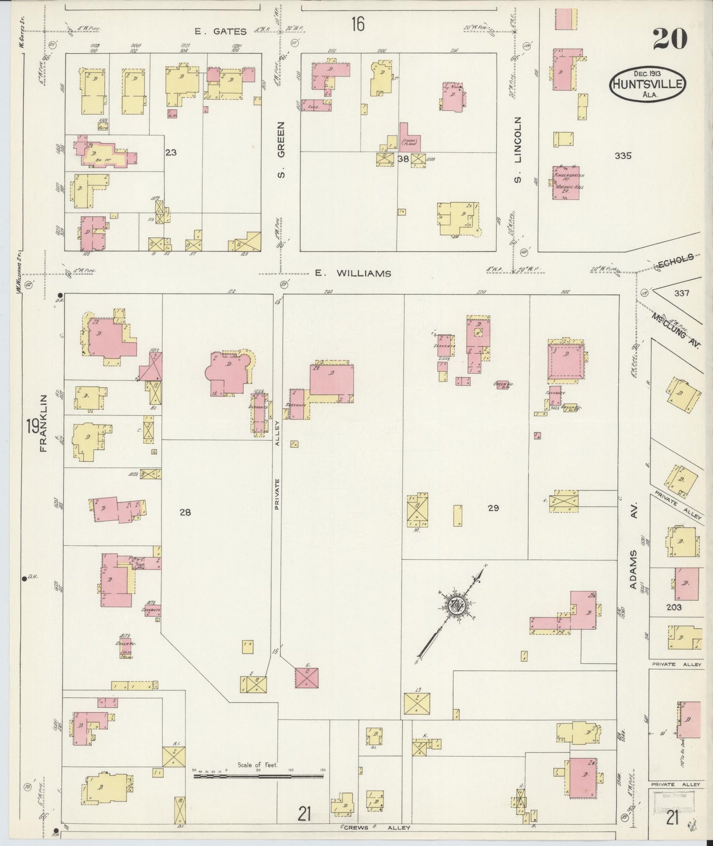 Sanborn Fire Insurance Map from Huntsville, Madison County, Alabama (1913), Sheet #0020 - Historic Sanborn Fire Insurance Map Print, vintage old map wall art, antique decor, genealogy gift, Alabama Alabama map
