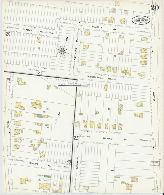 Sanborn Fire Insurance Map from Hempstead, Nassau County, New York (1909), Sheet #0020 - Historic Sanborn Fire Insurance Map Print, vintage old map wall art, antique decor, genealogy gift, New York New York map