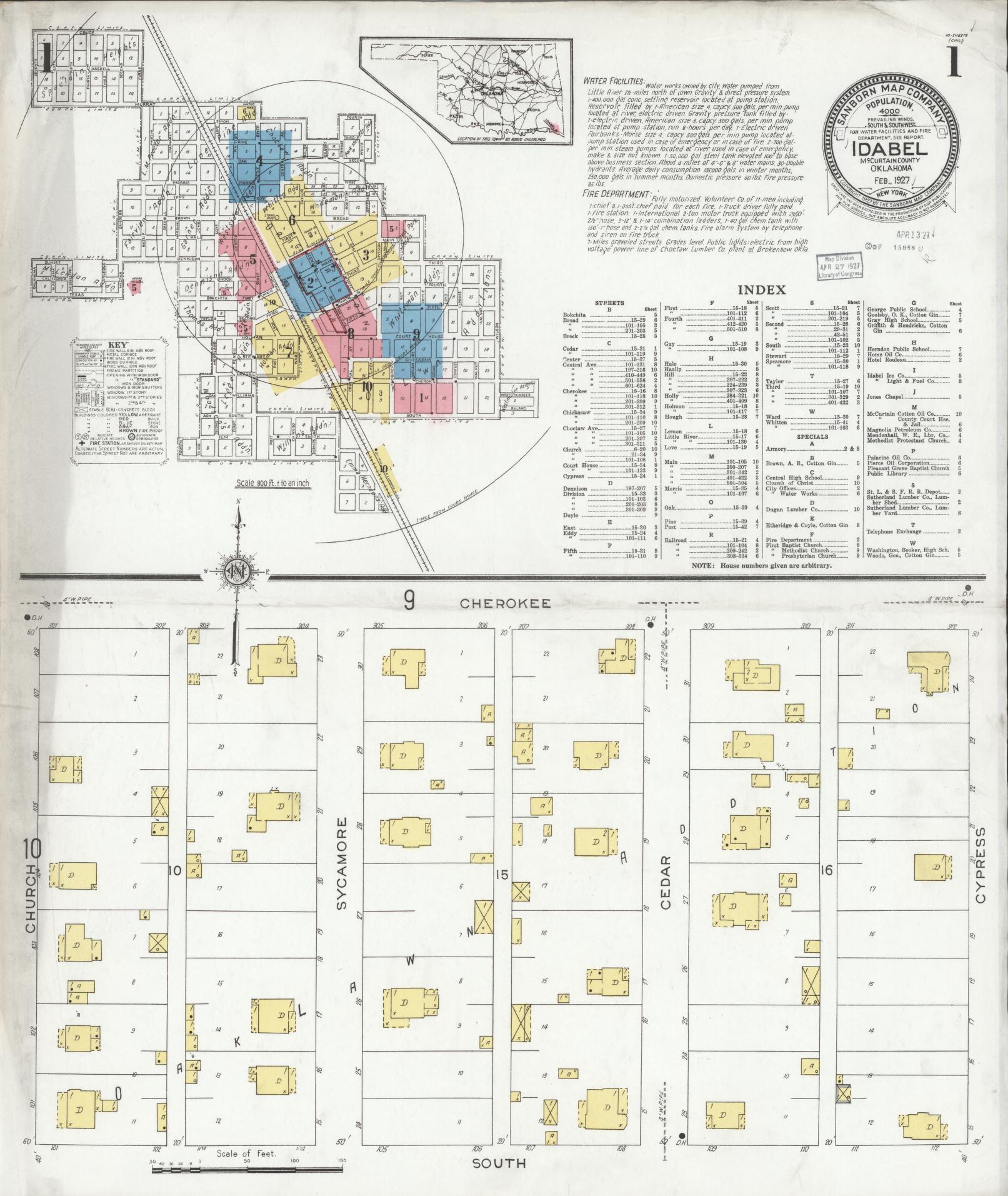Sanborn Fire Insurance Map from Idabel, McCurtain County, Oklahoma (1927), Sheet #0001 - Historic Sanborn Fire Insurance Map Print, vintage old map wall art, antique decor, genealogy gift, Oklahoma Oklahoma map