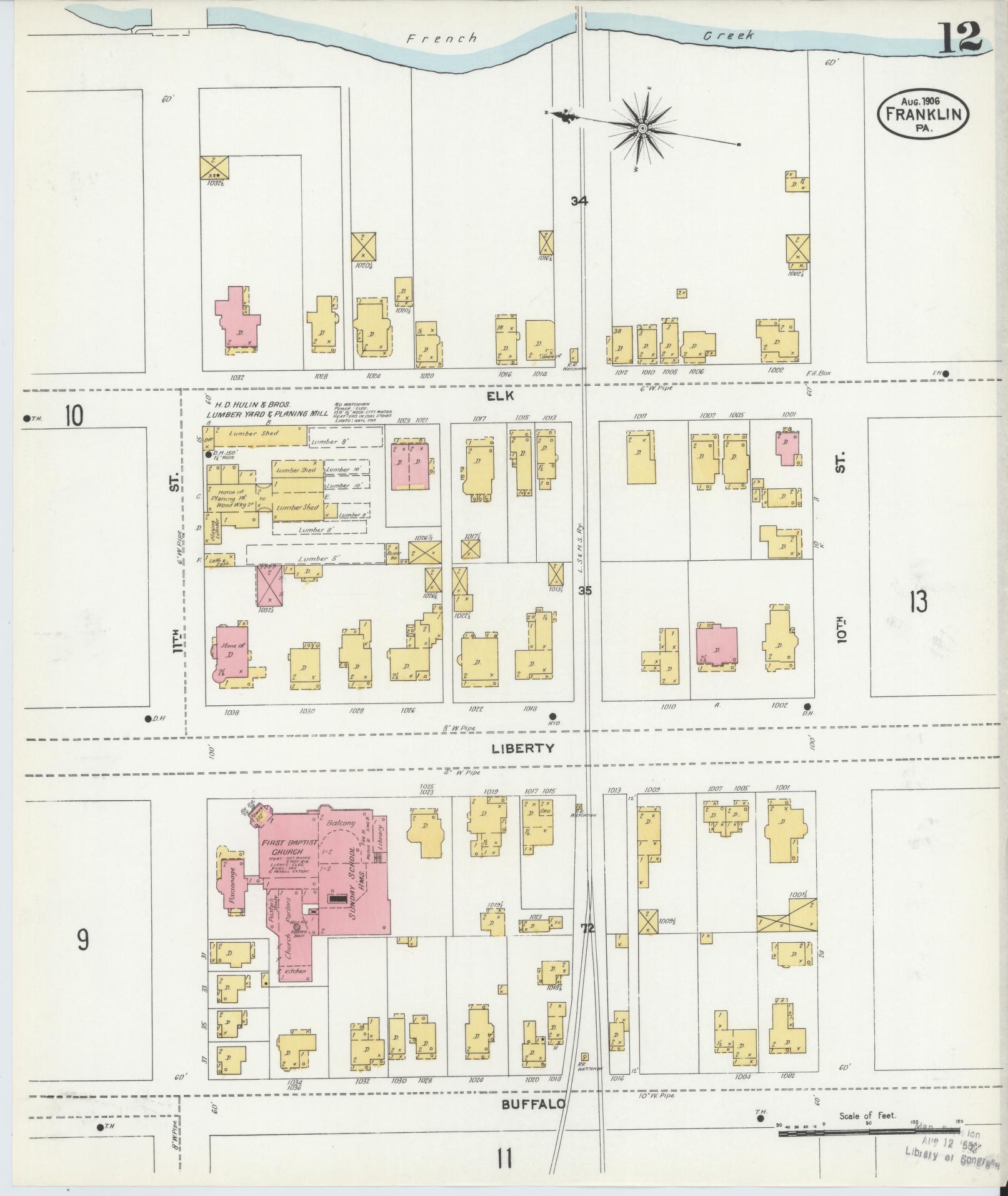 Sanborn Fire Insurance Map from Franklin, Venango County, Pennsylvania (1906), Sheet #0012 - Historic Sanborn Fire Insurance Map Print, vintage old map wall art, antique decor, genealogy gift, Pennsylvania Pennsylvania map