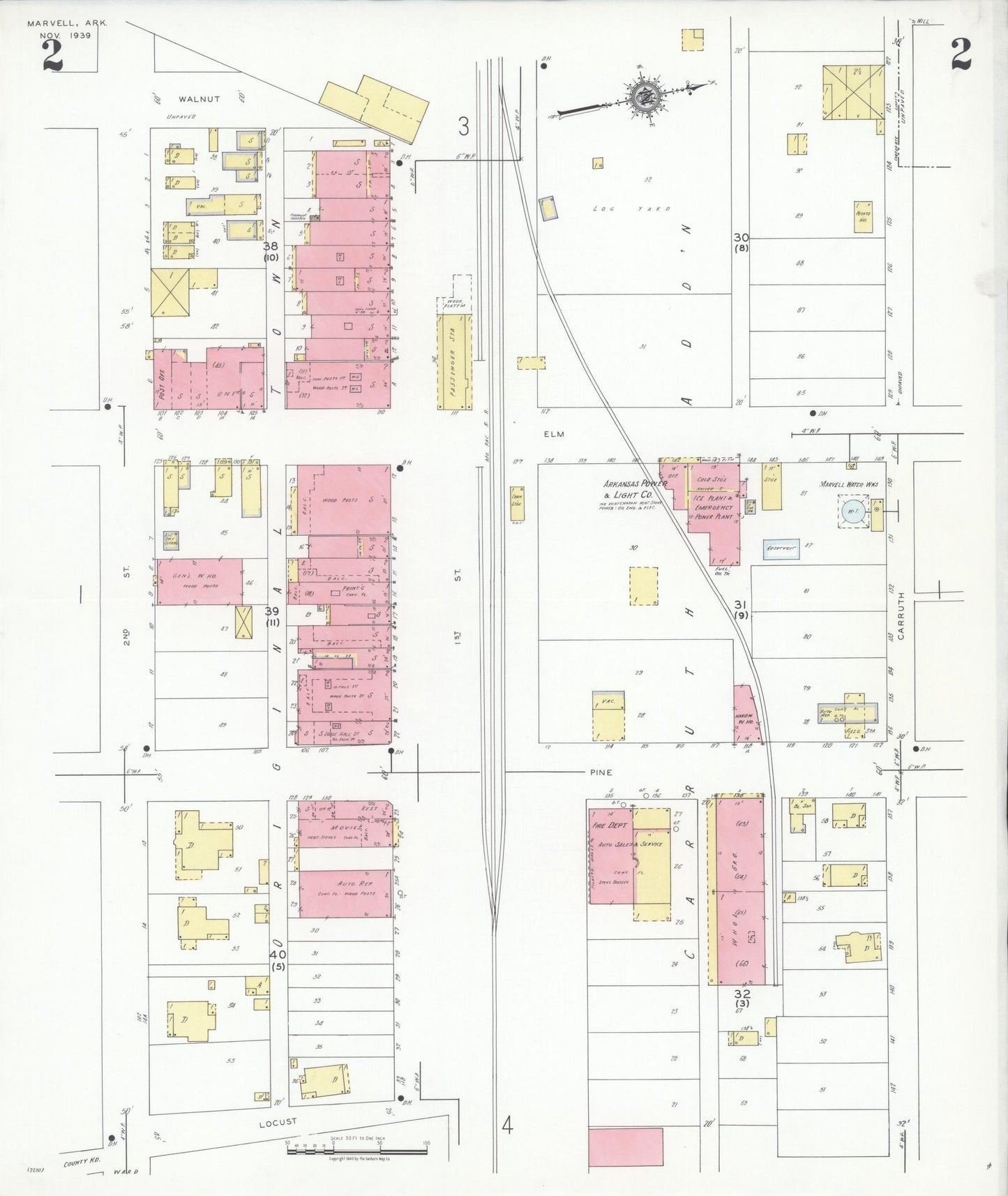 Sanborn Fire Insurance Map from Marvell, Phillips County, Arkansas (1939), Sheet #0002 - Historic Sanborn Fire Insurance Map Print, vintage old map wall art, antique decor, genealogy gift, Arkansas Arkansas map