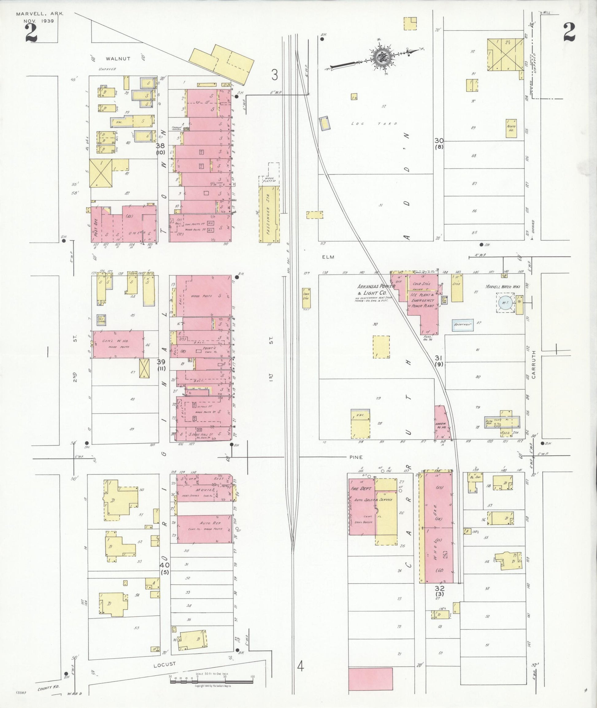 Sanborn Fire Insurance Map from Marvell, Phillips County, Arkansas (1939), Sheet #0002 - Historic Sanborn Fire Insurance Map Print, vintage old map wall art, antique decor, genealogy gift, Arkansas Arkansas map