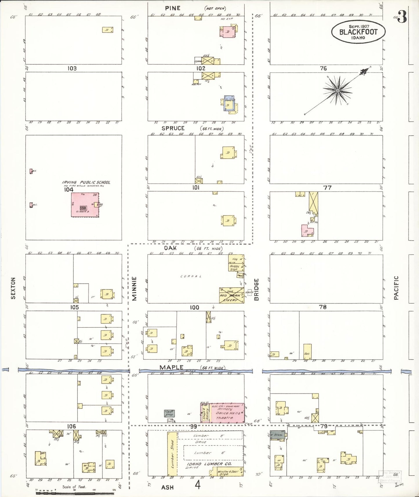 Sanborn Fire Insurance Map from Blackfoot, Bingham County, Idaho (1907), Sheet #0003 - Complete Map Set gallery image, historic Sanborn map, vintage wall art, Idaho Idaho