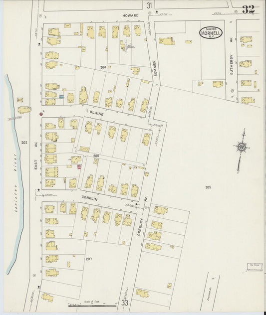Sanborn Fire Insurance Map from Hornell, Steuben County, New York (1915), Sheet #0032 - Historic Sanborn Fire Insurance Map Print, vintage old map wall art, antique decor, genealogy gift, New York New York map