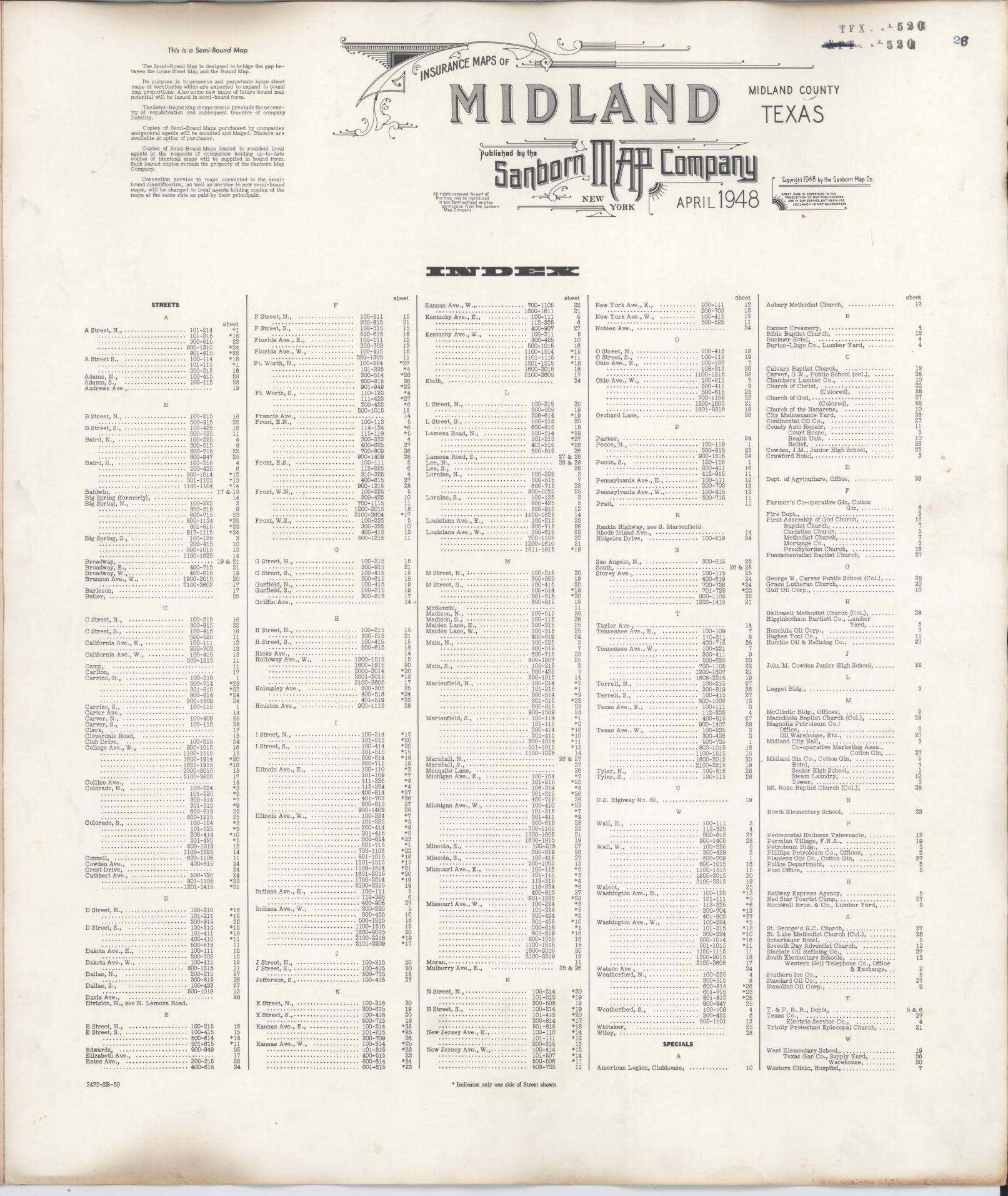 Sanborn Fire Insurance Map from Midland, Midland County, Texas (1950), Sheet #0001 - Historic Sanborn Fire Insurance Map Print, vintage old map wall art, antique decor, genealogy gift, Texas Texas map