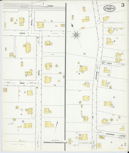 Sanborn Fire Insurance Map from Edwards, Hinds County, Mississippi (1909), Sheet #0003 - Historic Sanborn Fire Insurance Map Print, vintage old map wall art, antique decor, genealogy gift, Mississippi Mississippi map
