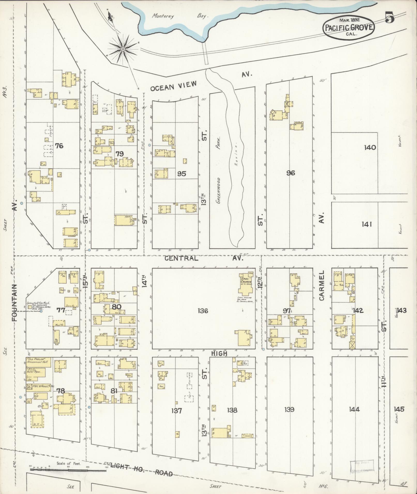 Sanborn Fire Insurance Map from Pacific Grove, Monterey County, California (1892), Sheet #0005 - Complete Map Set gallery image, historic Sanborn map, vintage wall art, California California