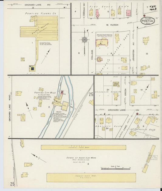 Sanborn Fire Insurance Map from Pontiac, Oakland County, Michigan (1915), Sheet #0025 - Historic Sanborn Fire Insurance Map Print, vintage old map wall art, antique decor, genealogy gift, Michigan Michigan map