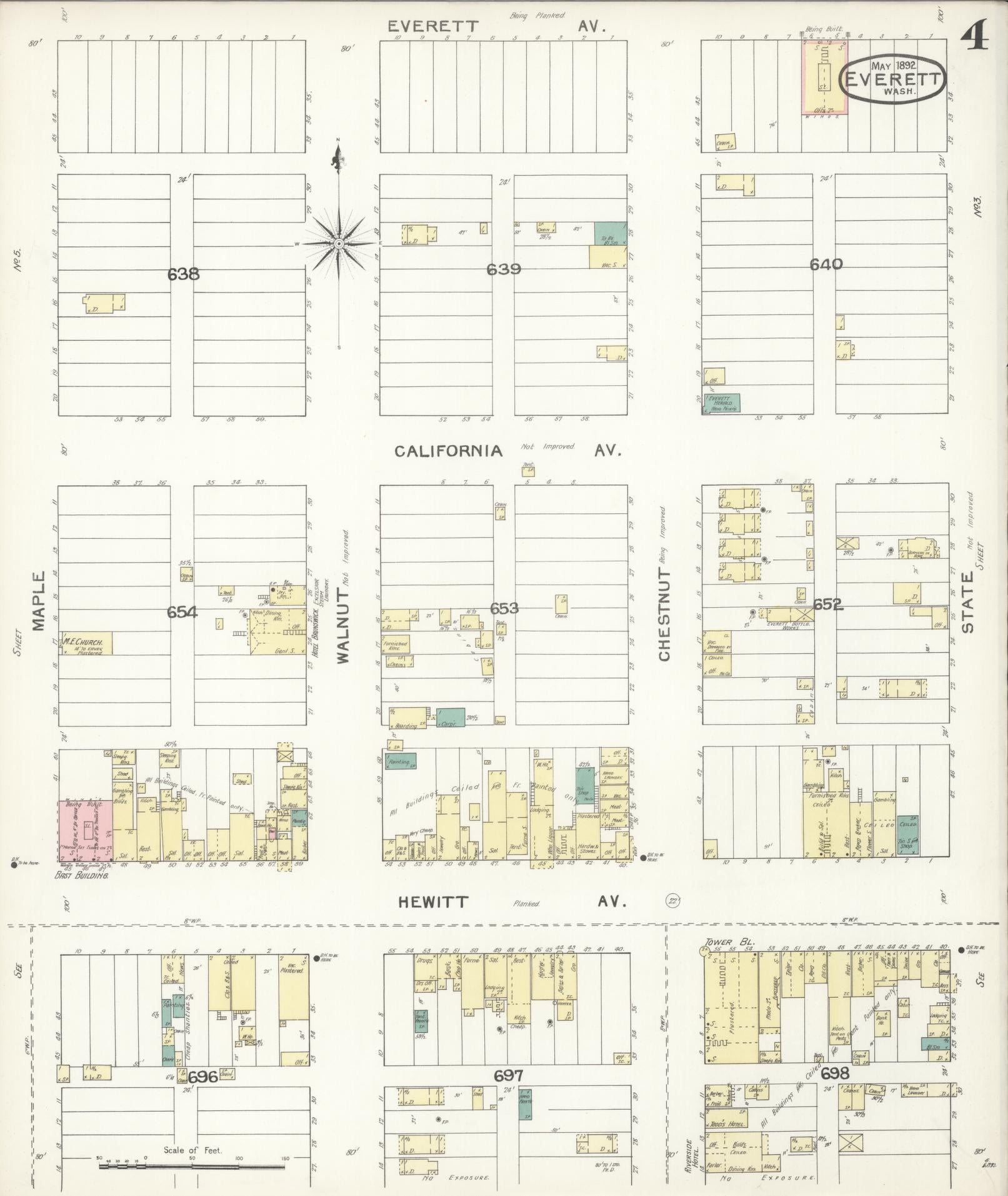 Sanborn Fire Insurance Map from Everett, Snohomish County, Washington (1892), Sheet #0004 - Historic Sanborn Fire Insurance Map Print, vintage old map wall art, antique decor, genealogy gift, Washington Washington map