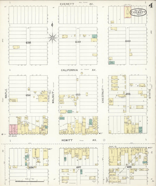 Sanborn Fire Insurance Map from Everett, Snohomish County, Washington (1892), Sheet #0004 - Historic Sanborn Fire Insurance Map Print, vintage old map wall art, antique decor, genealogy gift, Washington Washington map