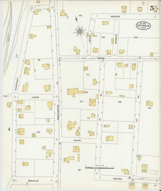 Sanborn Fire Insurance Map from Seymour, New Haven County, Connecticut (1906), Sheet #0005 - Historic Sanborn Fire Insurance Map Print, vintage old map wall art, antique decor, genealogy gift, Connecticut Connecticut map