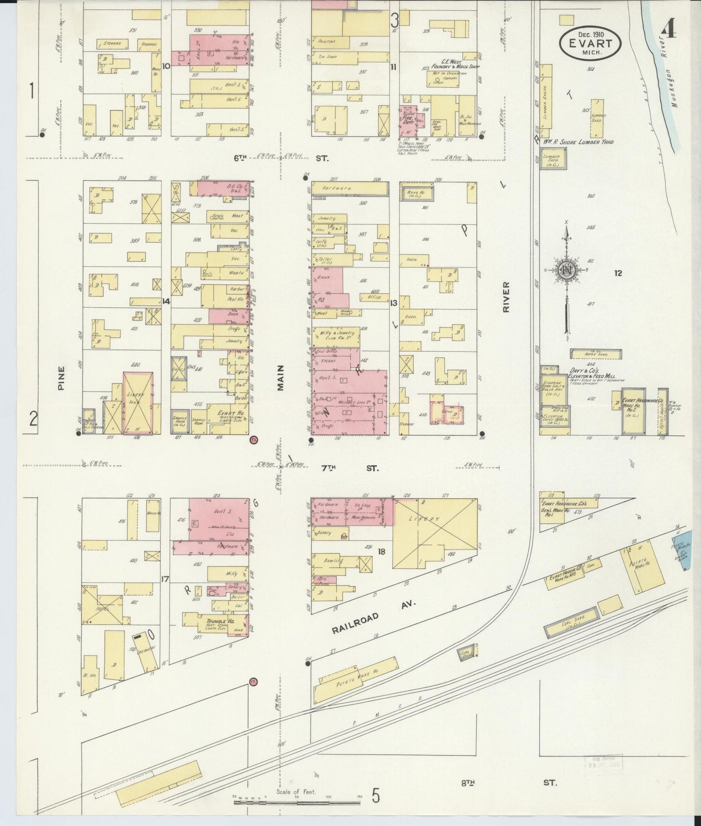 Sanborn Fire Insurance Map from Evart, Osceola County, Michigan (1910), Sheet #0004 - Historic Sanborn Fire Insurance Map Print, vintage old map wall art, antique decor, genealogy gift, Michigan Michigan map