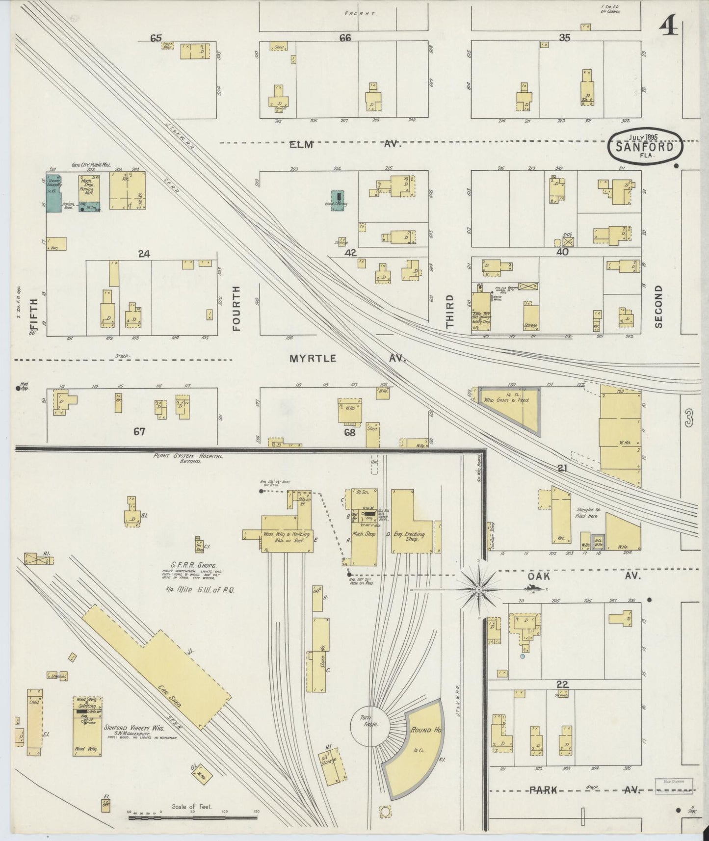 Sanborn Fire Insurance Map from Sanford, Seminole County, Florida (1895), Sheet #0004 - Historic Sanborn Fire Insurance Map Print, vintage old map wall art, antique decor, genealogy gift, Florida Florida map