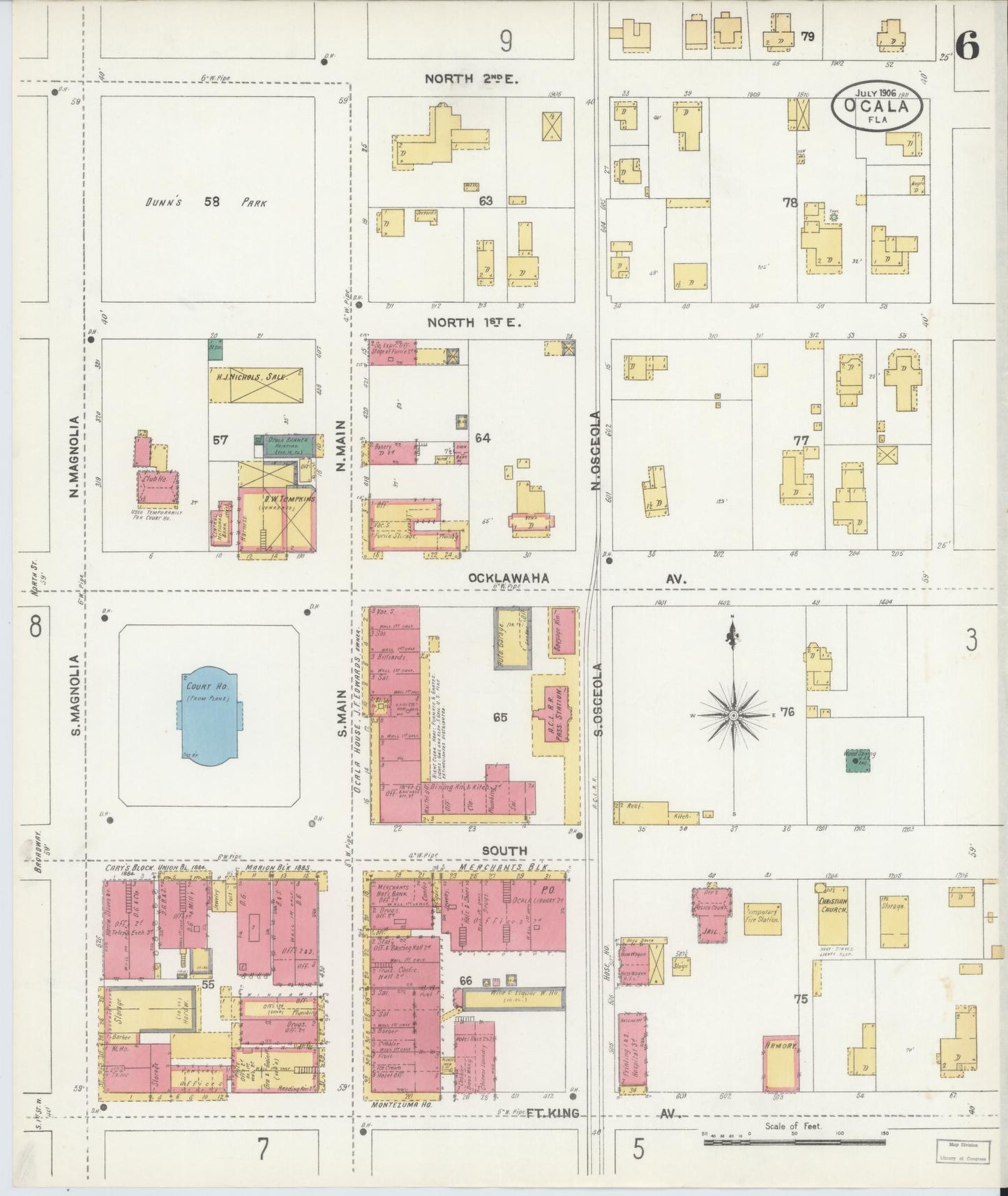 Sanborn Fire Insurance Map from Ocala, Marion County, Florida (1906), Sheet #0006 - Historic Sanborn Fire Insurance Map Print, vintage old map wall art, antique decor, genealogy gift, Florida Florida map