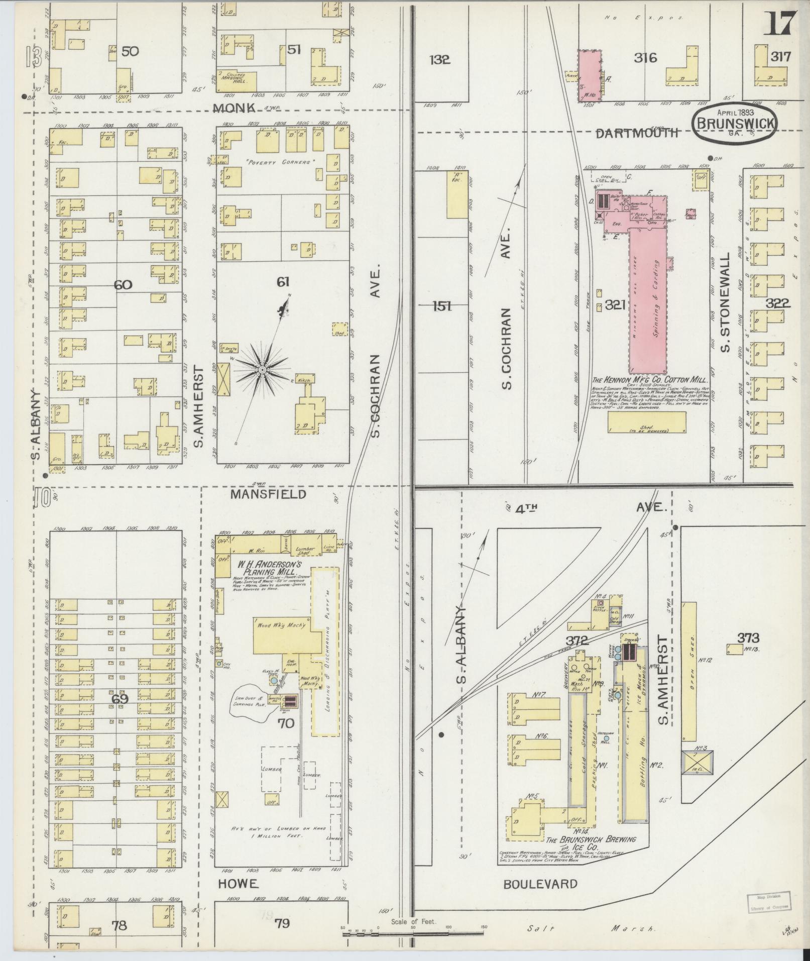 Sanborn Fire Insurance Map from Brunswick, Glynn County, Georgia (1893), Sheet #0017 - Complete Map Set gallery image, historic Sanborn map, vintage wall art, Georgia Georgia
