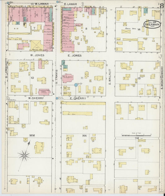 Sanborn Fire Insurance Map from Sherman, Grayson County, Texas (1892), Sheet #0008 - Historic Sanborn Fire Insurance Map Print, vintage old map wall art, antique decor, genealogy gift, Texas Texas map