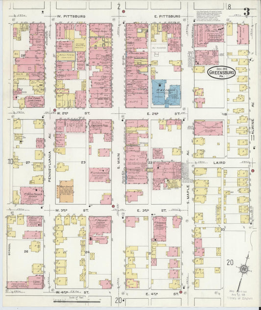 Sanborn Fire Insurance Map from Greensburg, Westmoreland County, Pennsylvania (1915), Sheet #0003 - Historic Sanborn Fire Insurance Map Print, vintage old map wall art, antique decor, genealogy gift, Pennsylvania Pennsylvania map