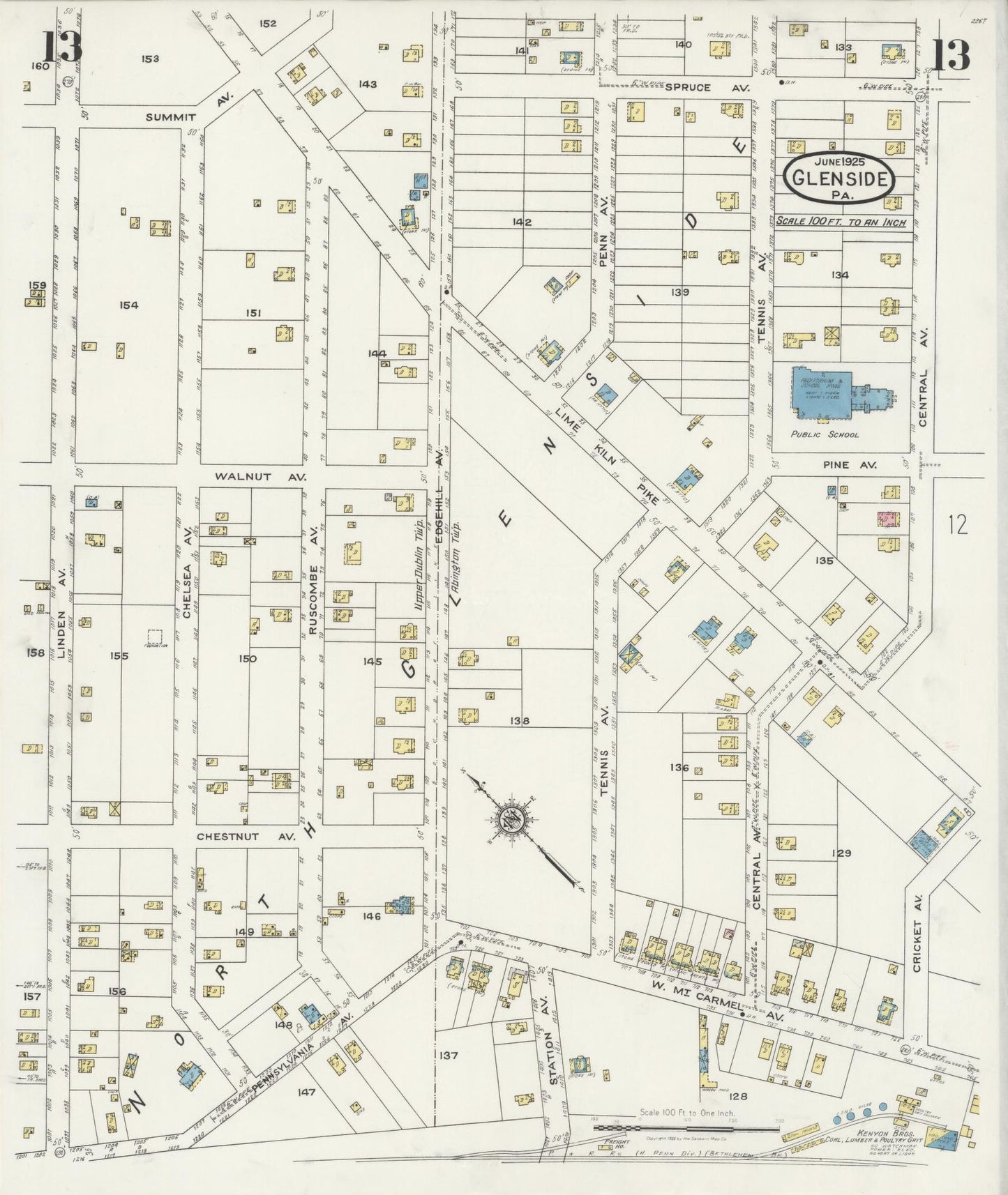 Sanborn Fire Insurance Map from Glenside, Montgomery County, Pennsylvania (1925), Sheet #0013 - Historic Sanborn Fire Insurance Map Print, vintage old map wall art, antique decor, genealogy gift, Pennsylvania Pennsylvania map