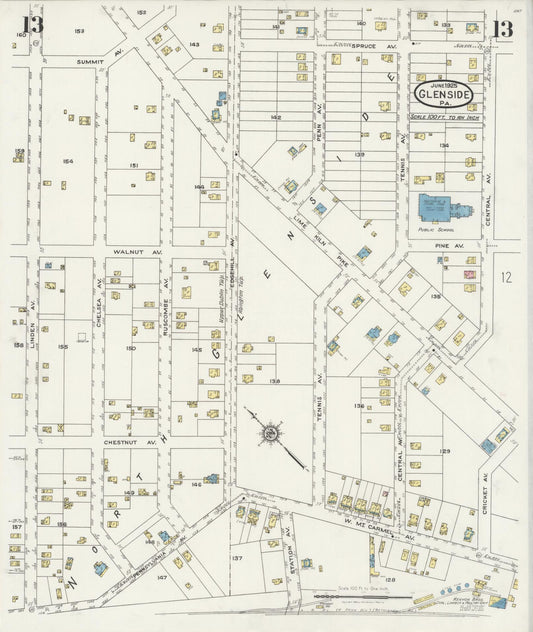 Sanborn Fire Insurance Map from Glenside, Montgomery County, Pennsylvania (1925), Sheet #0013 - Historic Sanborn Fire Insurance Map Print, vintage old map wall art, antique decor, genealogy gift, Pennsylvania Pennsylvania map