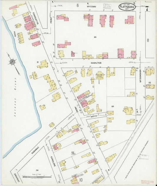 Sanborn Fire Insurance Map from Plattsburg, Clinton County, New York (1918), Sheet #0007 - Historic Sanborn Fire Insurance Map Print, vintage old map wall art, antique decor, genealogy gift, New York New York map