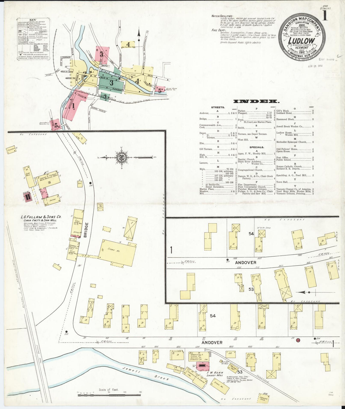 Sanborn Fire Insurance Map from Ludlow, Windsor County, Vermont (1912), Sheet #0001 - Historic Sanborn Fire Insurance Map Print, vintage old map wall art, antique decor, genealogy gift, Vermont Vermont map