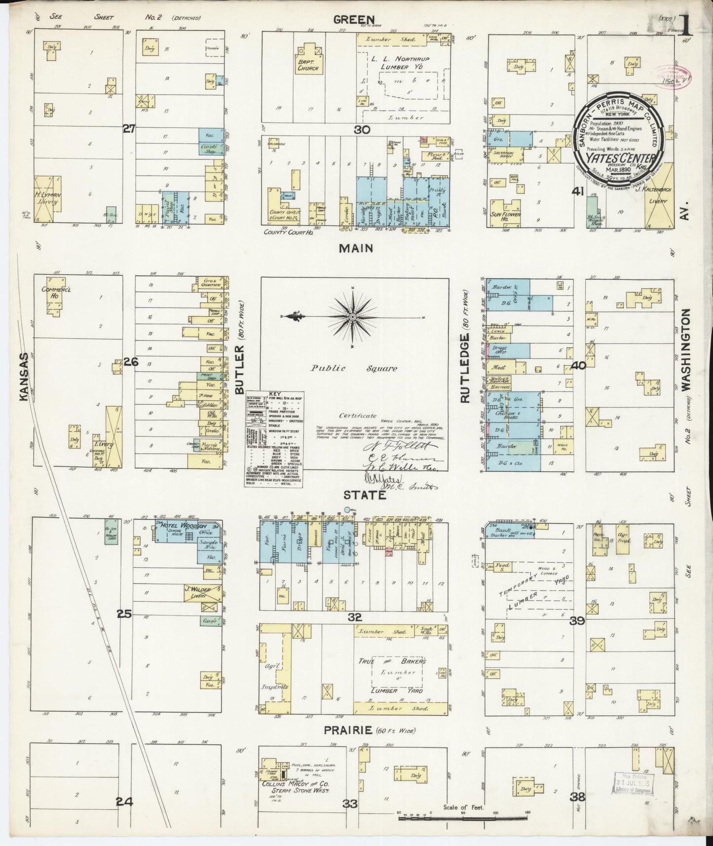 Sanborn Fire Insurance Map from Yates Center, Woodson County, Kansas (1890), Sheet #0001 - Complete Map Set gallery image, historic Sanborn map, vintage wall art, Kansas Kansas