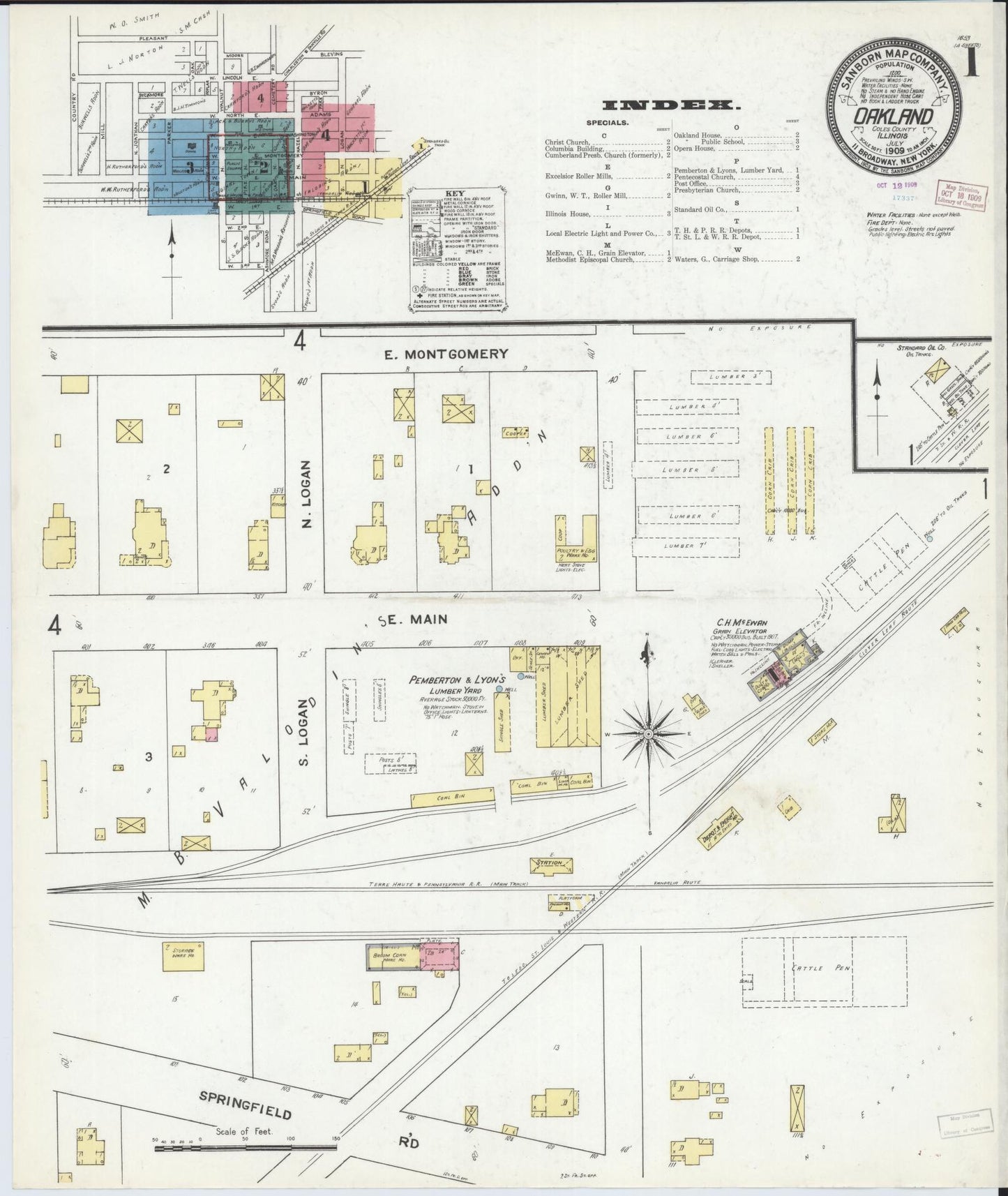 Sanborn Fire Insurance Map from Oakland, Coles County, Illinois (1909), Sheet #0001 - Historic Sanborn Fire Insurance Map Print, vintage old map wall art, antique decor, genealogy gift, Illinois Illinois map