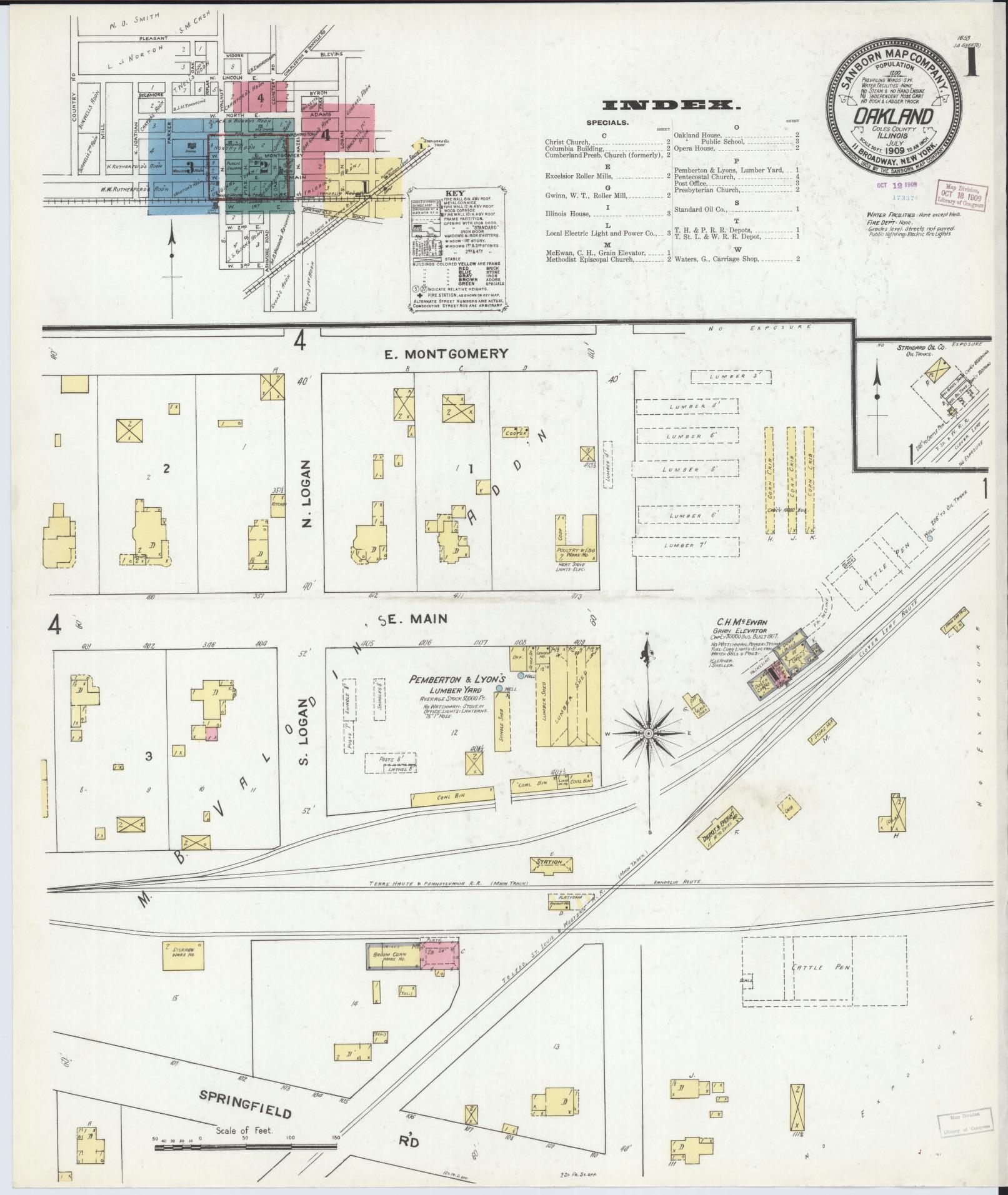 Sanborn Fire Insurance Map from Oakland, Coles County, Illinois (1909), Sheet #0001 - Historic Sanborn Fire Insurance Map Print, vintage old map wall art, antique decor, genealogy gift, Illinois Illinois map