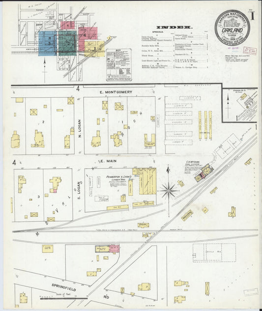 Sanborn Fire Insurance Map from Oakland, Coles County, Illinois (1909), Sheet #0001 - Historic Sanborn Fire Insurance Map Print, vintage old map wall art, antique decor, genealogy gift, Illinois Illinois map