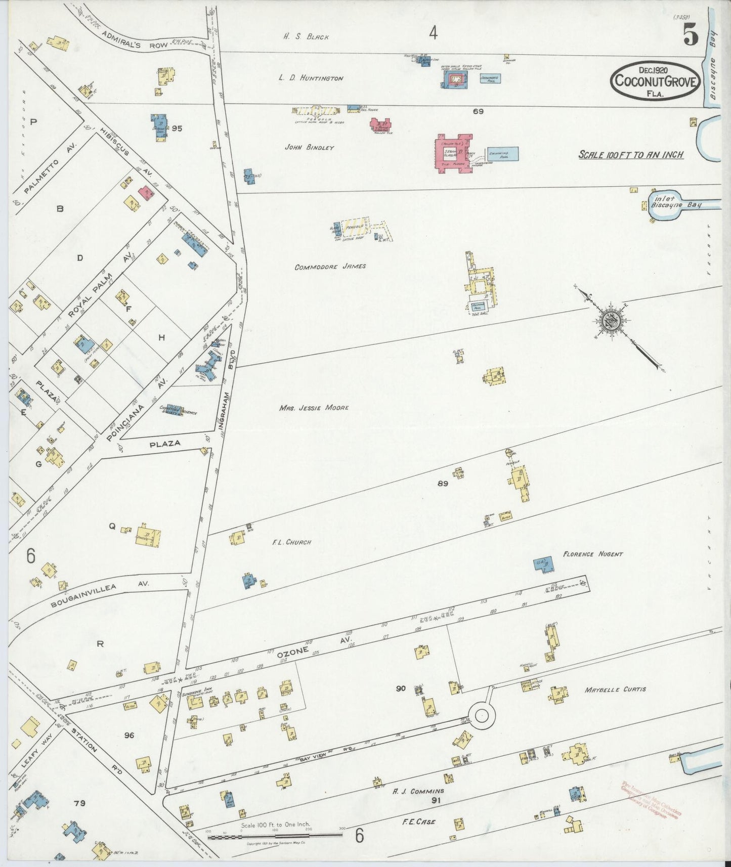 Sanborn Fire Insurance Map from Coconut Grove, Dade County, Florida (1920), Sheet #0005 - Historic Sanborn Fire Insurance Map Print, vintage old map wall art, antique decor, genealogy gift, Florida Florida map