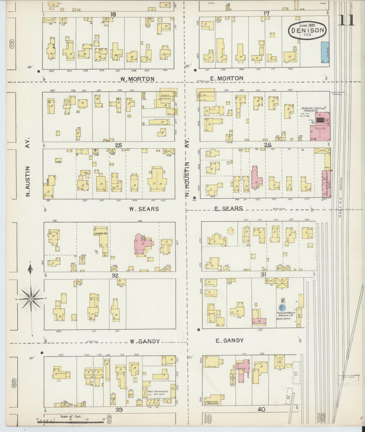 Sanborn Fire Insurance Map from Denison, Grayson County, Texas (1892), Sheet #0011 - Historic Sanborn Fire Insurance Map Print, vintage old map wall art, antique decor, genealogy gift, Texas Texas map