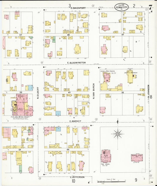 Sanborn Fire Insurance Map from Iowa City, Johnson County, Iowa (1899), Sheet #0007 - Historic Sanborn Fire Insurance Map Print, vintage old map wall art