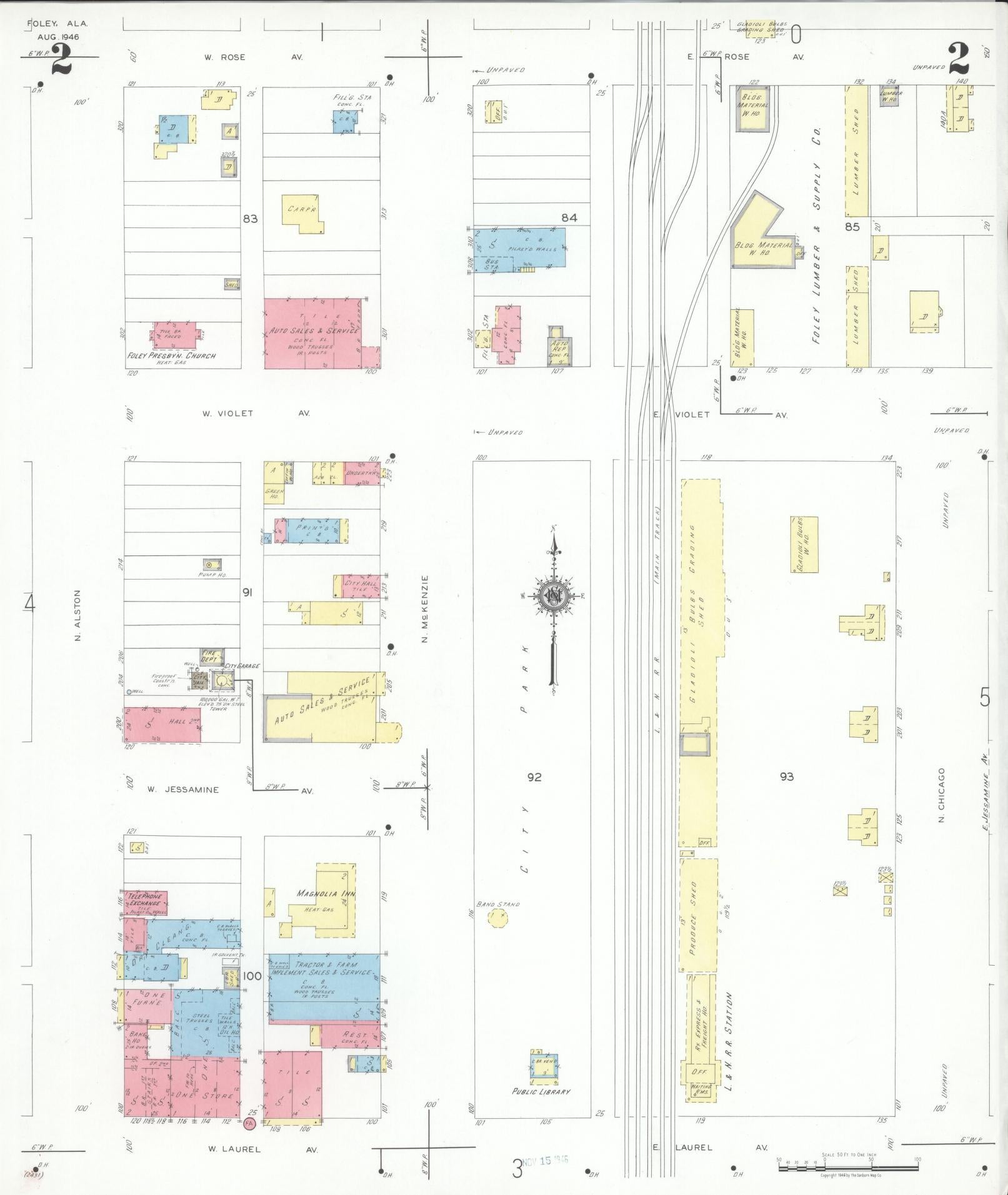 Sanborn Fire Insurance Map from Foley, Baldwin County, Alabama (1946), Sheet #0002 - Historic Sanborn Fire Insurance Map Print, vintage old map wall art, antique decor, genealogy gift, Alabama Alabama map