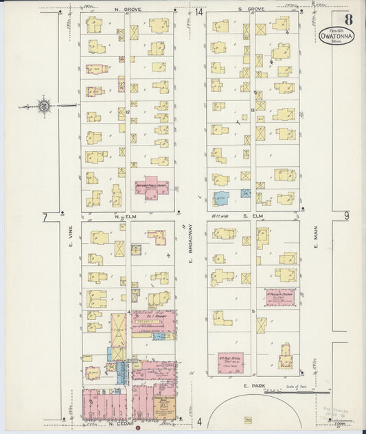 Sanborn Fire Insurance Map from Owatonna, Steele County, Minnesota (1915), Sheet #0008 - Historic Sanborn Fire Insurance Map Print, vintage old map wall art, antique decor, genealogy gift, Minnesota Minnesota map