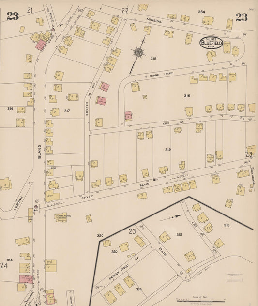 Sanborn Fire Insurance Map from Bluefield, Mercer County, West Virginia (1922), Sheet #0023 - Historic Sanborn Fire Insurance Map Print, vintage old map wall art, antique decor, genealogy gift, West Virginia West Virginia map