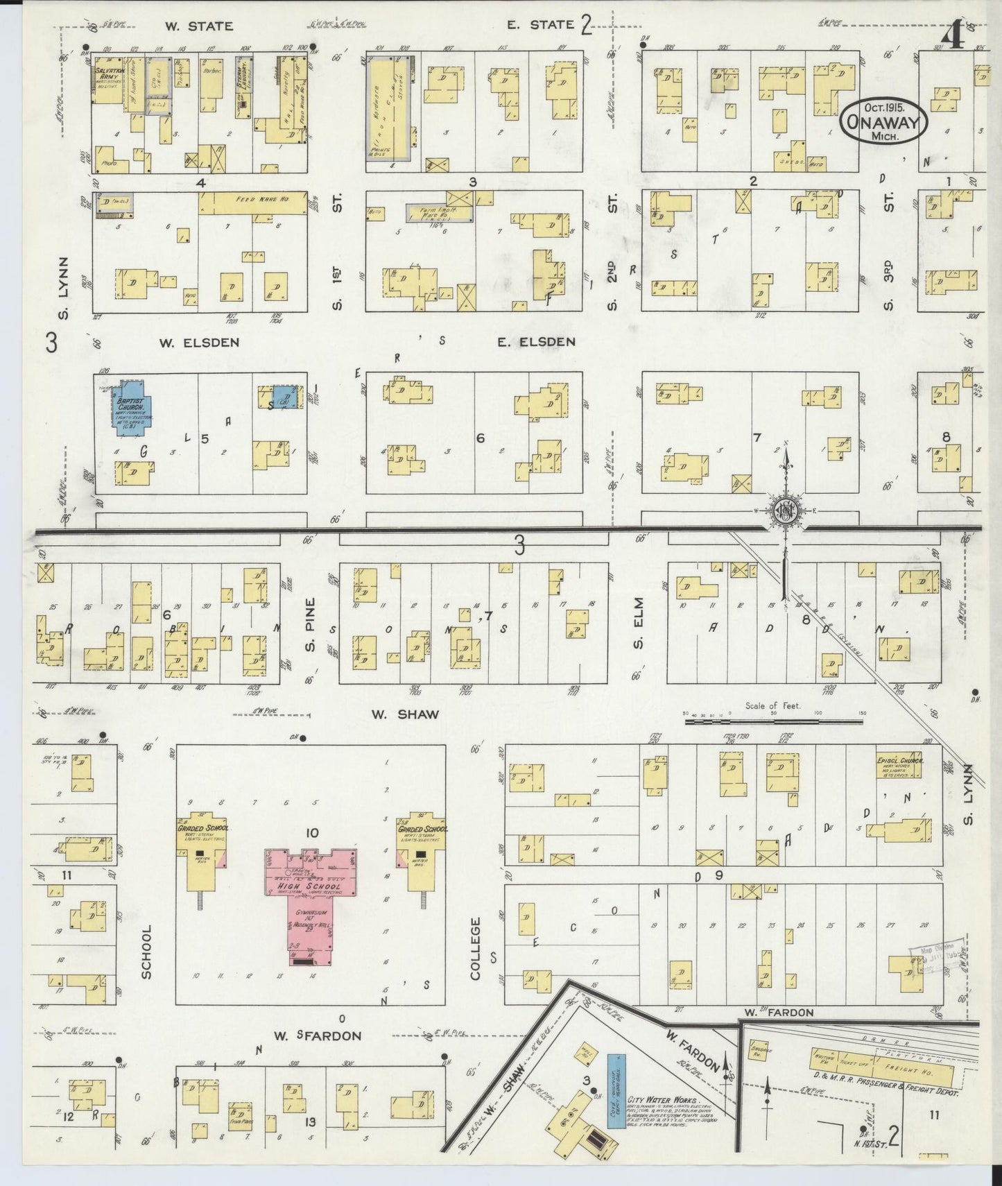 Sanborn Fire Insurance Map from Onaway, Presque Isle County, Michigan (1915), Sheet #0004 - Complete Map Set gallery image, historic Sanborn map, vintage wall art, Michigan Michigan
