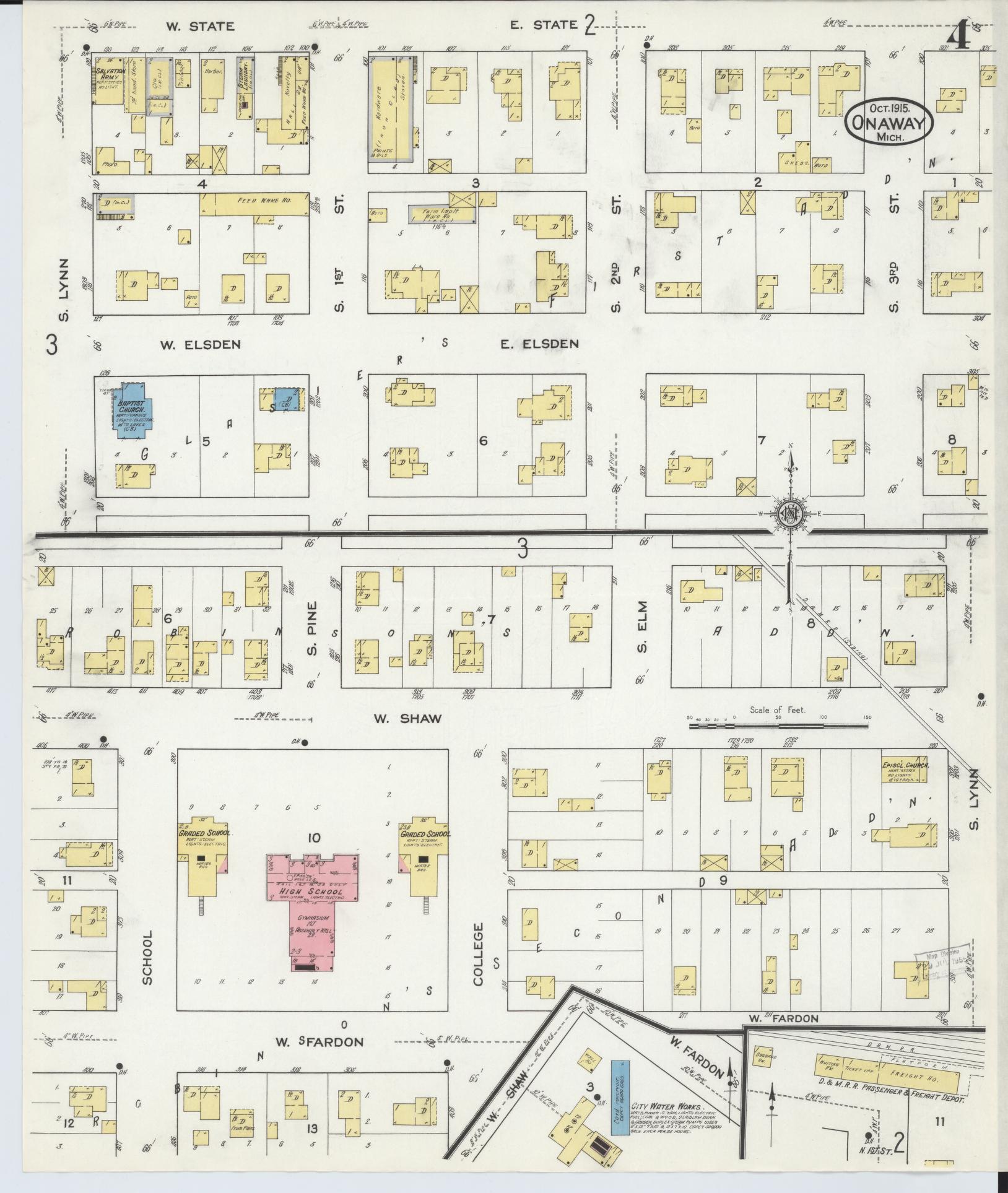 Sanborn Fire Insurance Map from Onaway, Presque Isle County, Michigan (1915), Sheet #0004 - Complete Map Set gallery image, historic Sanborn map, vintage wall art, Michigan Michigan