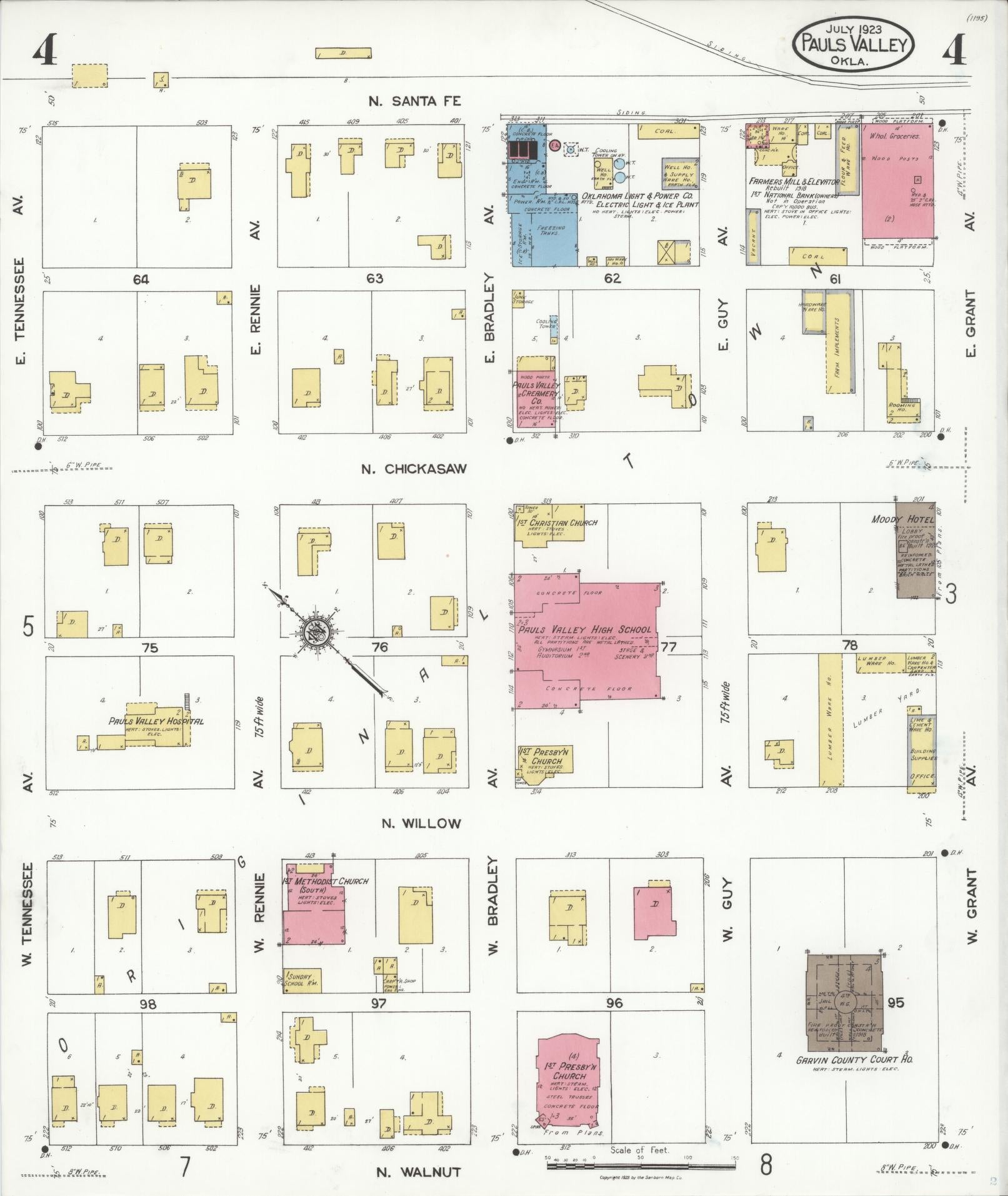 Sanborn Fire Insurance Map from Pauls Valley, Garvin County, Oklahoma (1923), Sheet #0004 - Complete Map Set gallery image, historic Sanborn map, vintage wall art, Oklahoma Oklahoma