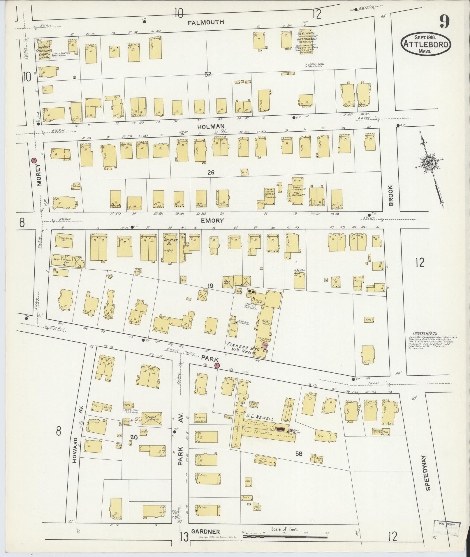 Sanborn Fire Insurance Map from Attleboro, Bristol County, Massachusetts (1916), Sheet #0009 - Historic Sanborn Fire Insurance Map Print, vintage old map wall art, antique decor, genealogy gift, Massachusetts Massachusetts map