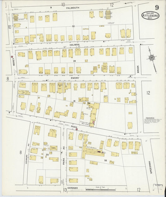 Sanborn Fire Insurance Map from Attleboro, Bristol County, Massachusetts (1916), Sheet #0009 - Historic Sanborn Fire Insurance Map Print, vintage old map wall art, antique decor, genealogy gift, Massachusetts Massachusetts map