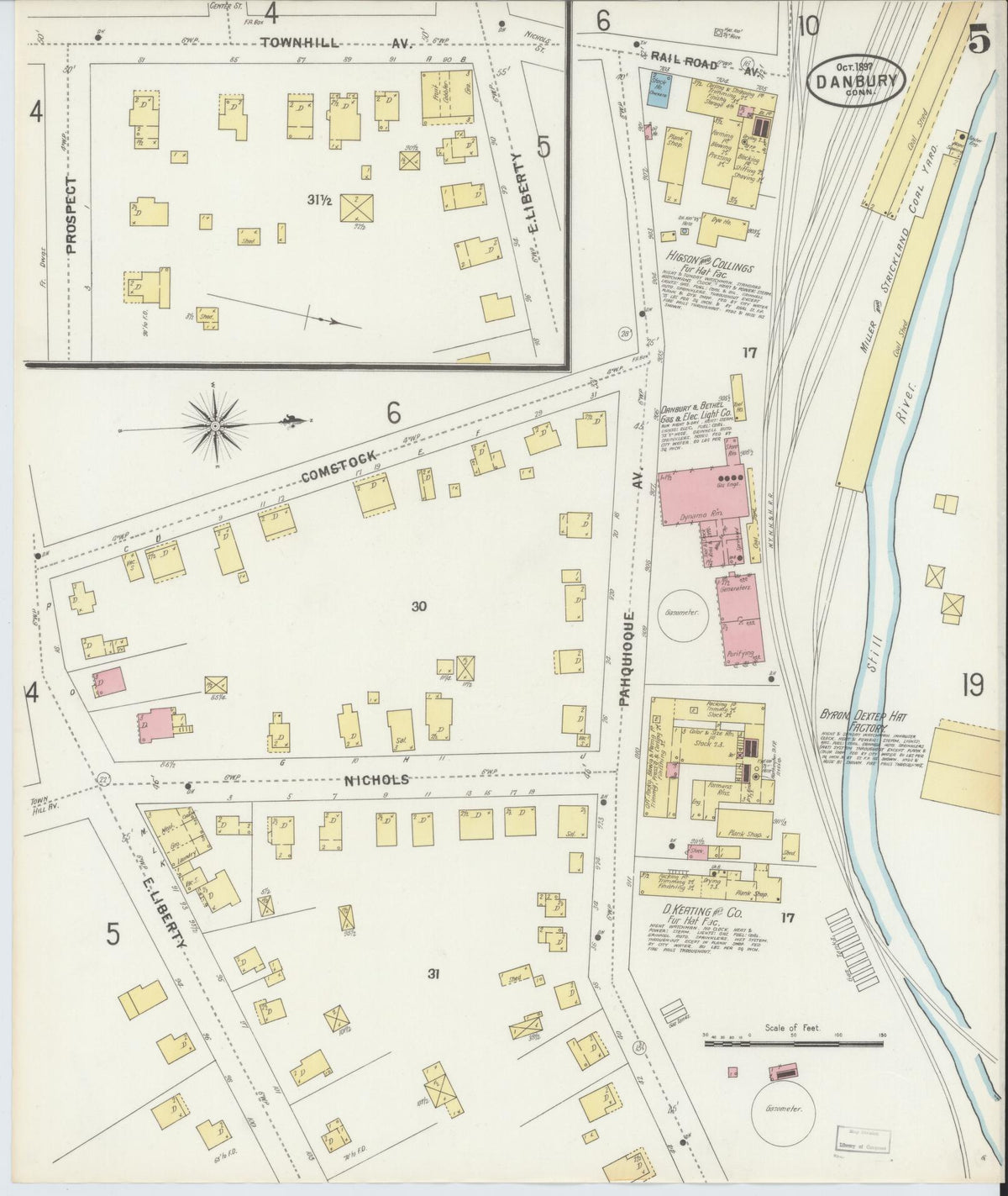 Sanborn Fire Insurance Map from Danbury, Fairfield County, Connecticut (1897), Sheet #0005 - Historic Sanborn Fire Insurance Map Print, vintage old map wall art, antique decor, genealogy gift, Connecticut Connecticut map