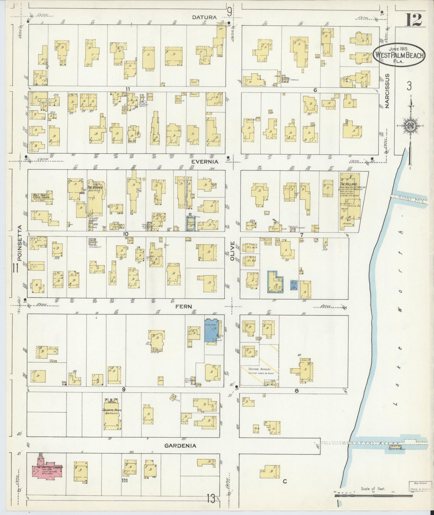 Sanborn Fire Insurance Map from West Palm Beach, Dade County, Florida (1915), Sheet #0012 - Complete Map Set gallery image, historic Sanborn map, vintage wall art, Florida Florida